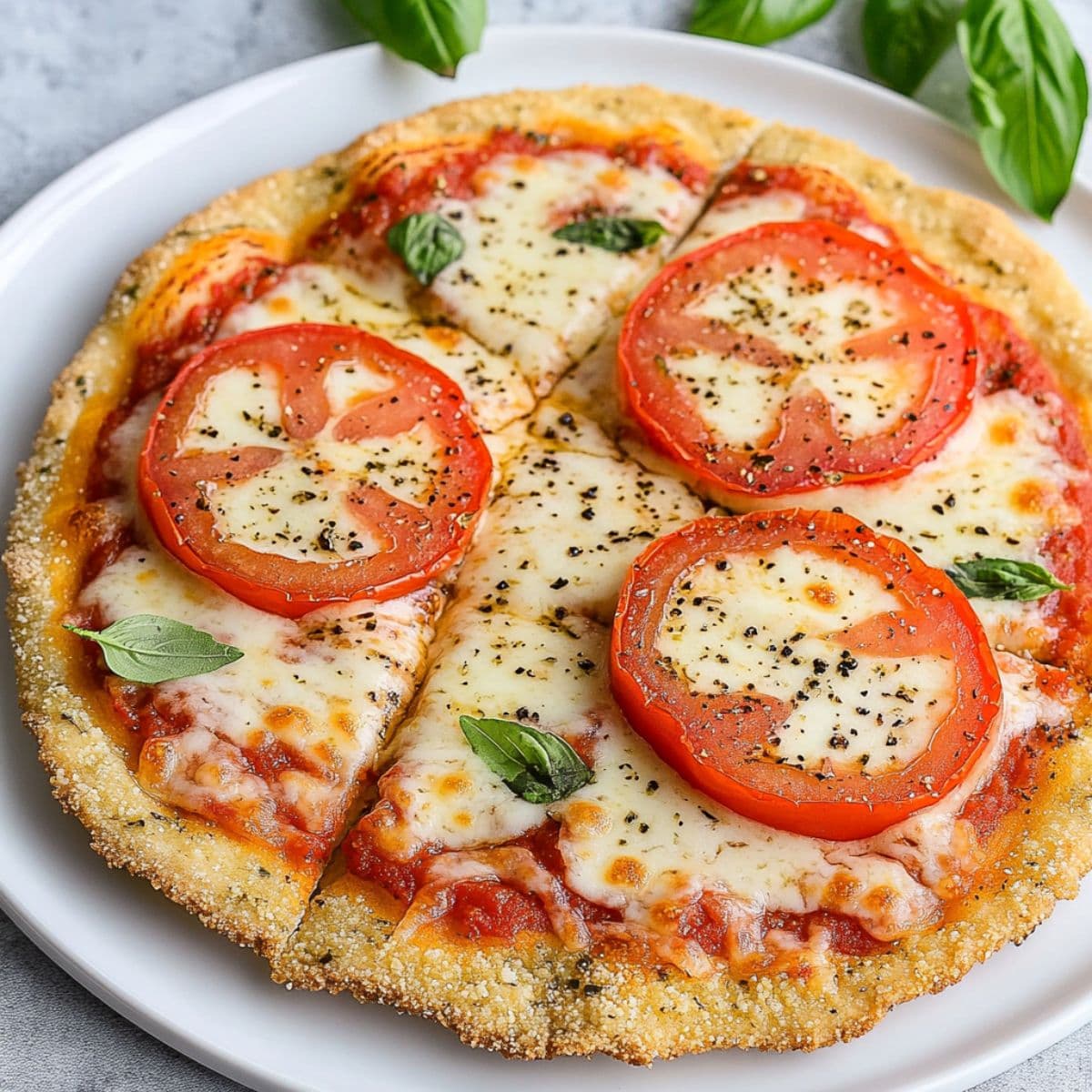 A freshly baked pizza topped with mozzarella cheese, fresh tomato slices, and basil leaves, with a crispy golden crust