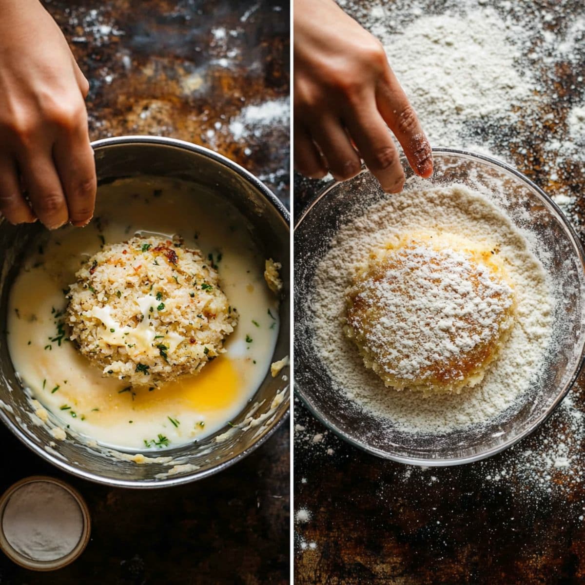 Two-step photo showing a crab cake being dipped in egg wash and coated in flour or panko crumbs, hands in frame