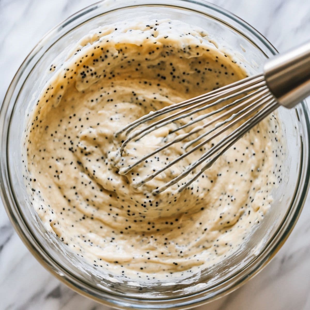 Whisk stirring almond poppy seed muffin batter in a glass bowl, combining wet and dry ingredients.