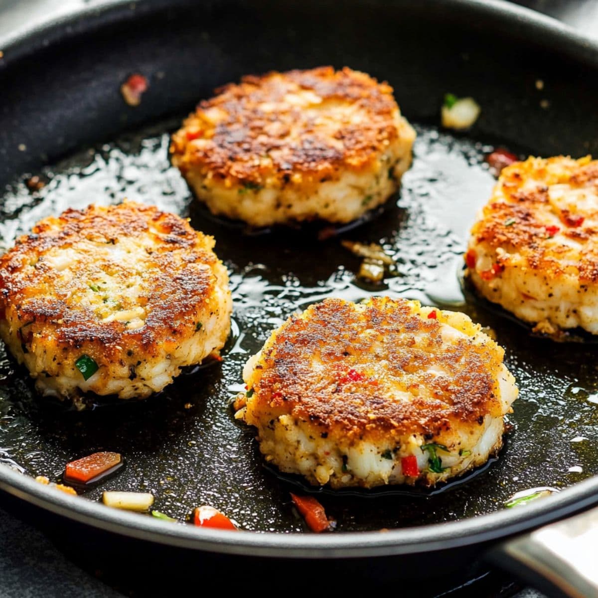 Golden crab cakes cooking in a skillet with olive oil, crisp edges and bits of herbs and bell peppers visible