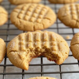 Peanut butter cookie with a bite taken out on a cooling rack.
