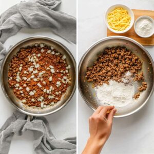 Overhead view of ground beef and onions cooking in a skillet with spices, start of creamy beef and shells recipe.