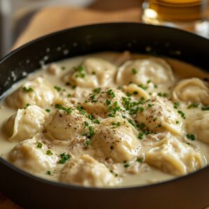 Creamy dumplings simmering in a pot, topped with chopped chives and pepper.