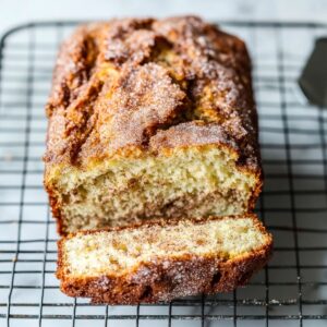 Sliced Amish cinnamon bread cooling on a wire rack