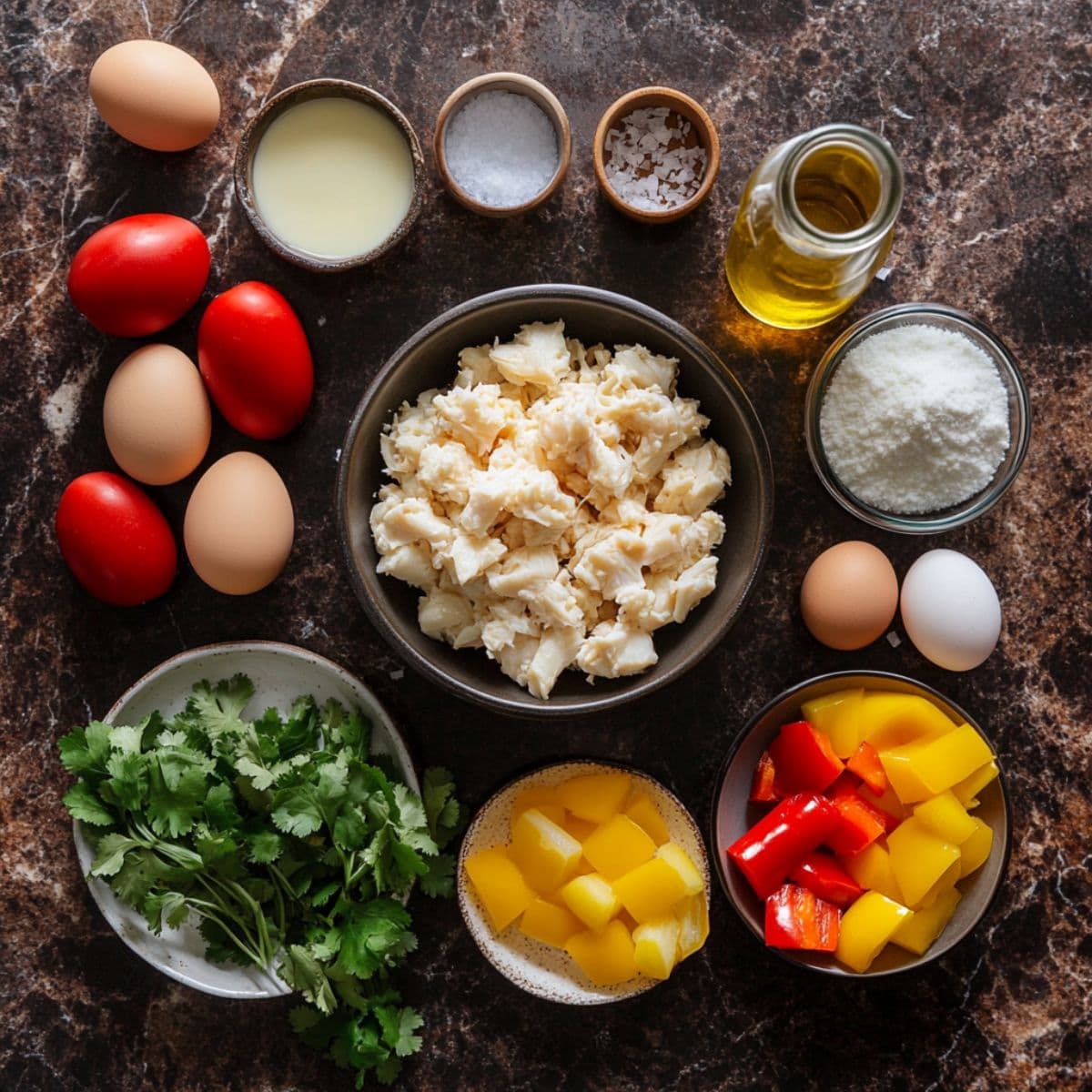 Top-down image of crab cake benedict ingredients including crab meat, bell peppers, eggs, and herbs on a marble counter
