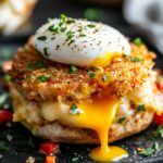 Close-up of crab cake benedict with poached egg and dripping yolk over golden crab cake and hollandaise