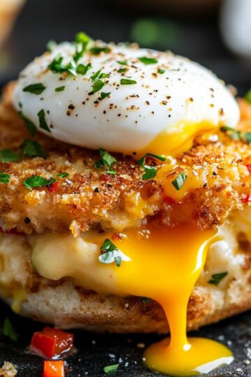 Close-up of crab cake benedict with poached egg and dripping yolk over golden crab cake and hollandaise