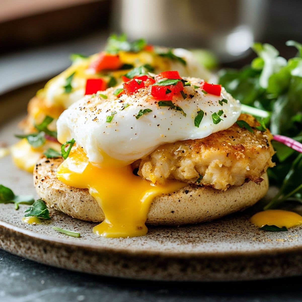 Crab cake benedict with poached egg and dripping yolk on toasted English muffin with herbs