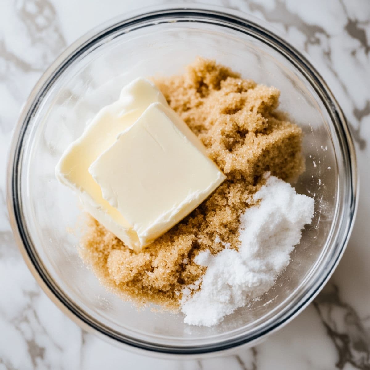 Glass bowl with butter, white sugar, and brown sugar before creaming for muffin batter.