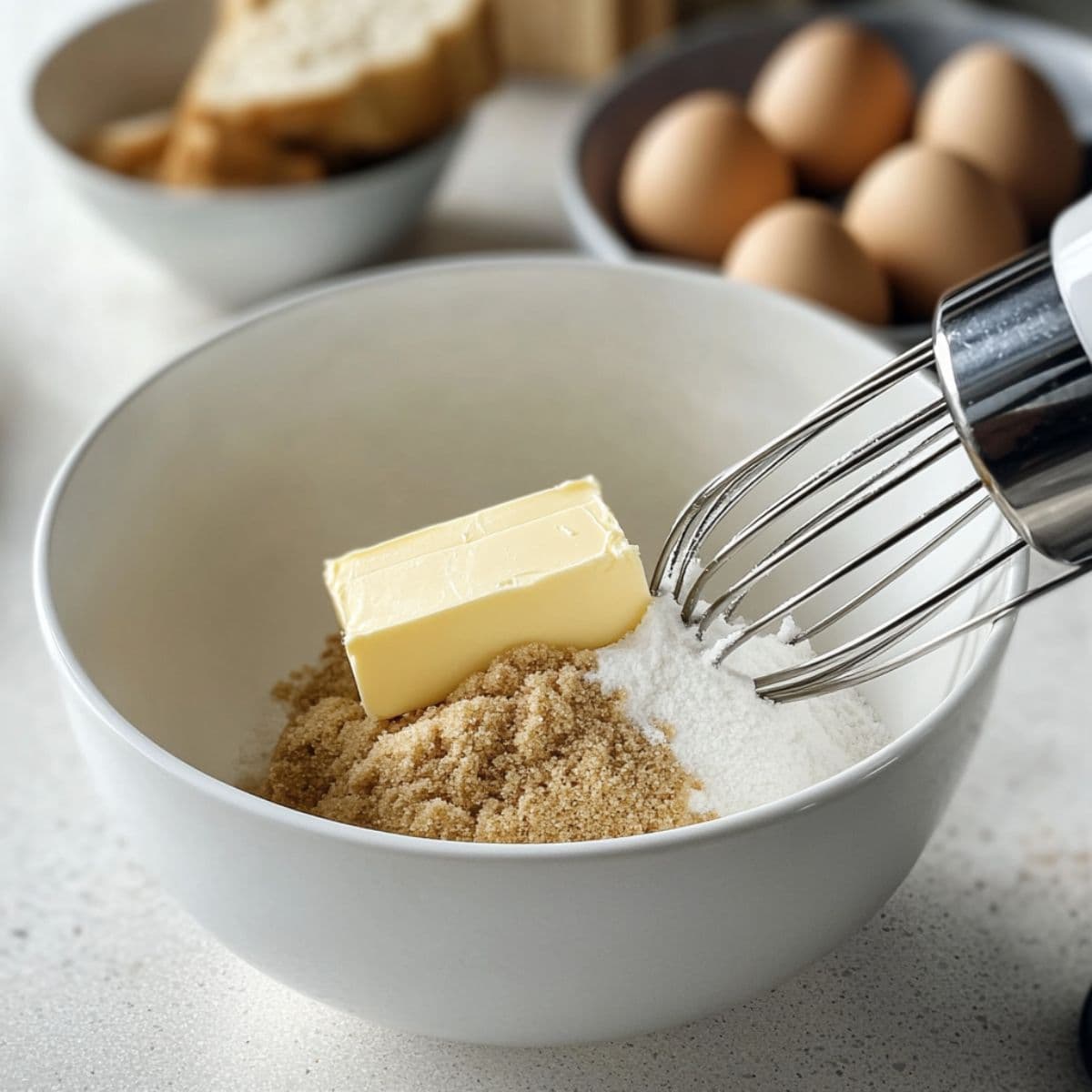 Butter, brown sugar, and granulated sugar in a white bowl with a hand mixer, ready to be creamed