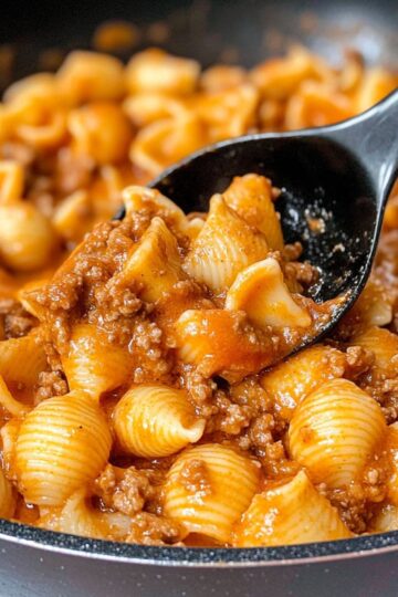Close-up shot of creamy beef and shells being scooped with a spoon from a skillet.