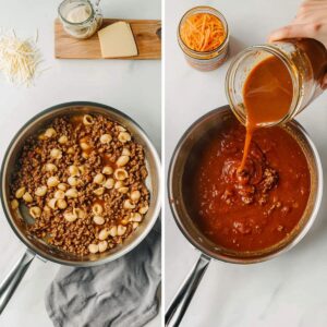 Overhead collage of beef broth and tomato sauce being poured into ground beef in a skillet