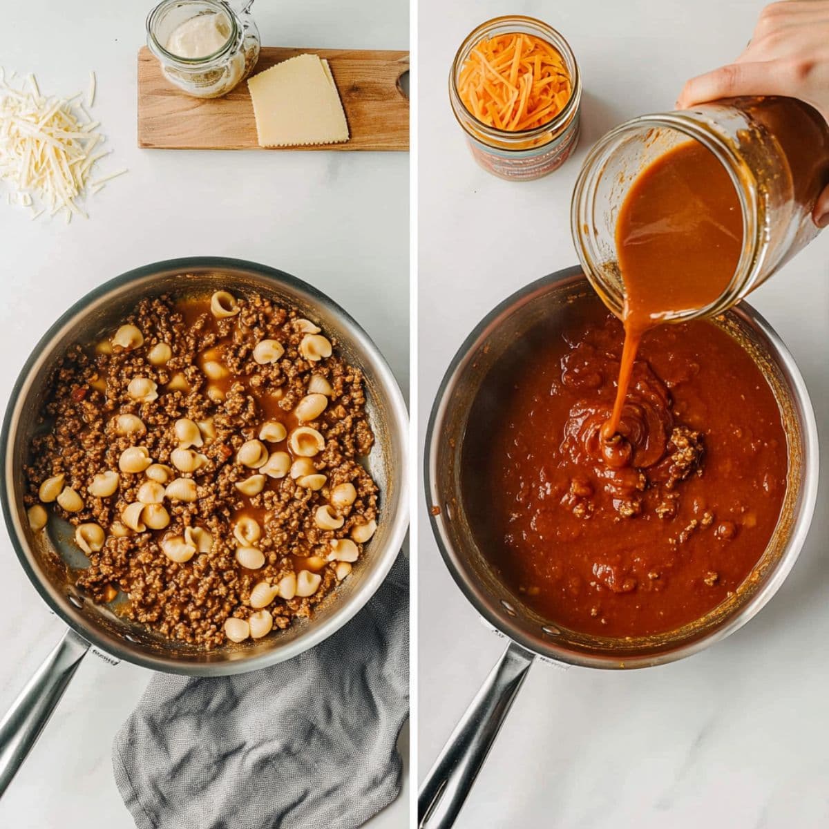 Overhead collage of beef broth and tomato sauce being poured into ground beef in a skillet