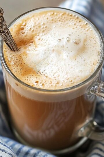 A glass mug of foamy Cuban cortadito coffee with a vintage spoon, wrapped in a blue-striped cloth.
