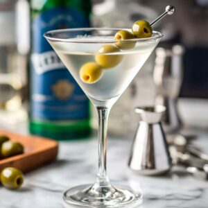 Crystal clear gin martini with three olives, surrounded by professional bar tools and bottles.