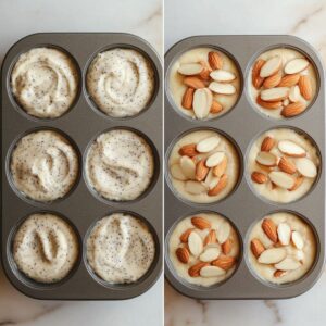 Side-by-side image of muffin tin filled with batter on the left and topped with almonds on the right.