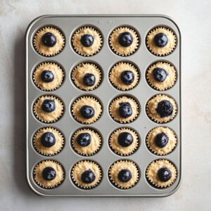 Mini muffin tin filled with raw blueberry muffin batter in paper liners, each topped with a single blueberry, ready to bake.
