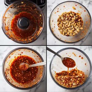 Step-by-step collage of blending Salsa Macha with toasted nuts and chili oil in a food processor