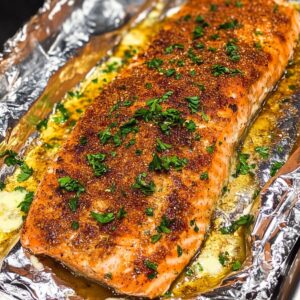 Baked salmon fillet garnished with parsley, resting in melted butter on foil