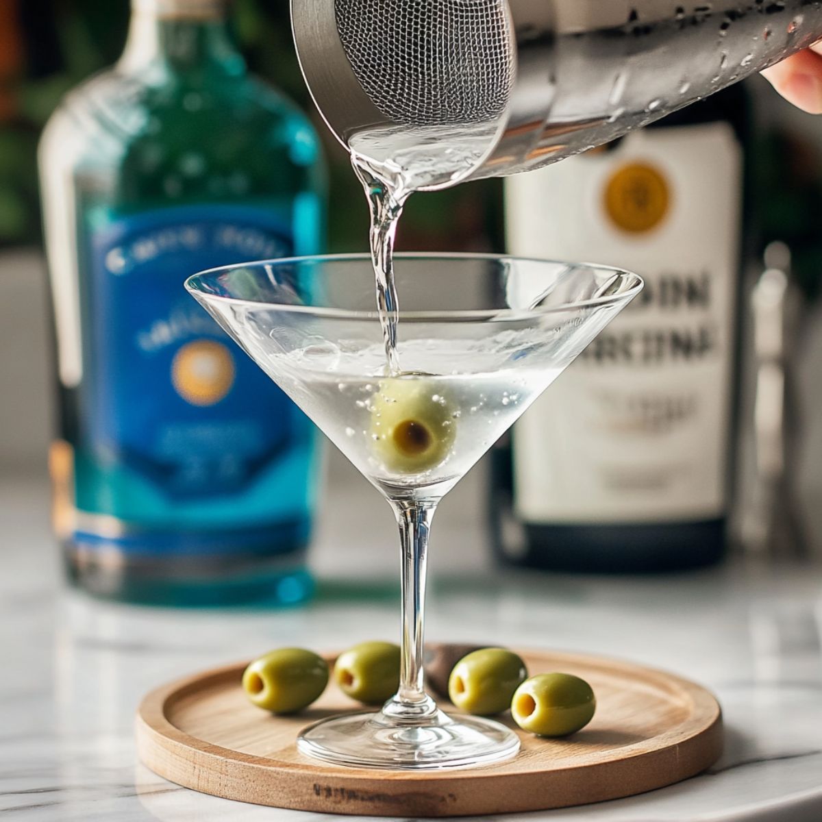 Final pour of a gin martini into a classic glass with a single green olive, bottles blurred in background.