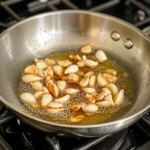 Garlic cloves frying in oil in a stainless steel pan – Salsa Macha preparation step