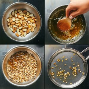 Step-by-step photo collage of frying and straining nuts and seeds for Salsa Macha