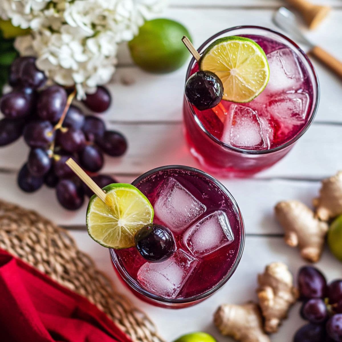 Top-down view of two garnished Transfusion cocktails with lime and grape, surrounded by fresh ingredients