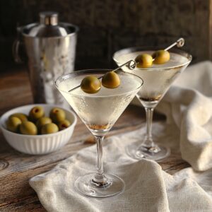 Two chilled gin martinis with olives on a rustic table, served with a bowl of olives and cocktail shaker.
