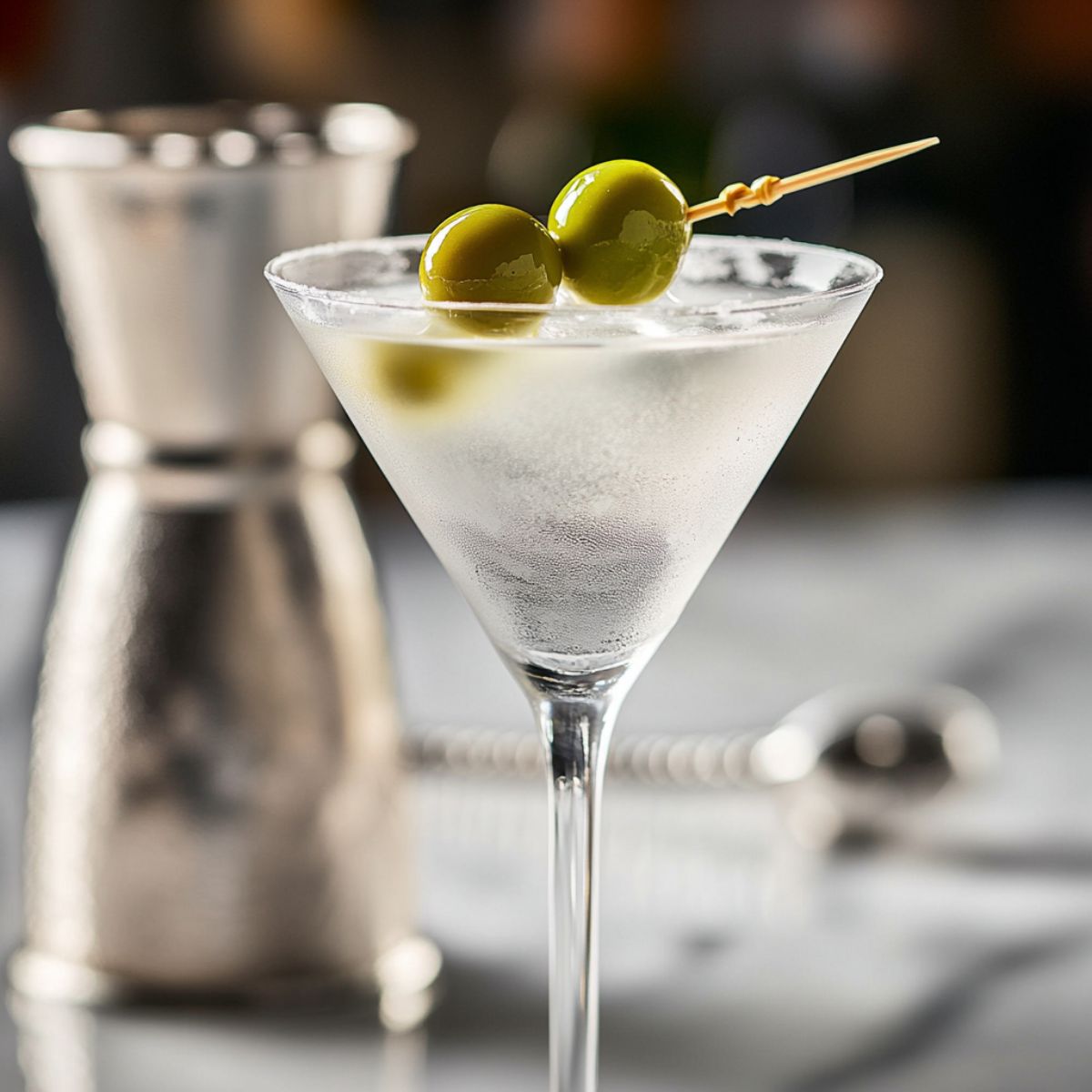 Chilled gin martini in a cocktail glass with two green olives, on marble with bar tools blurred in the background.