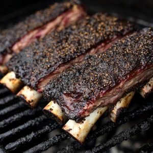 Close-up of grilled beef ribs with dark bark on charcoal grill