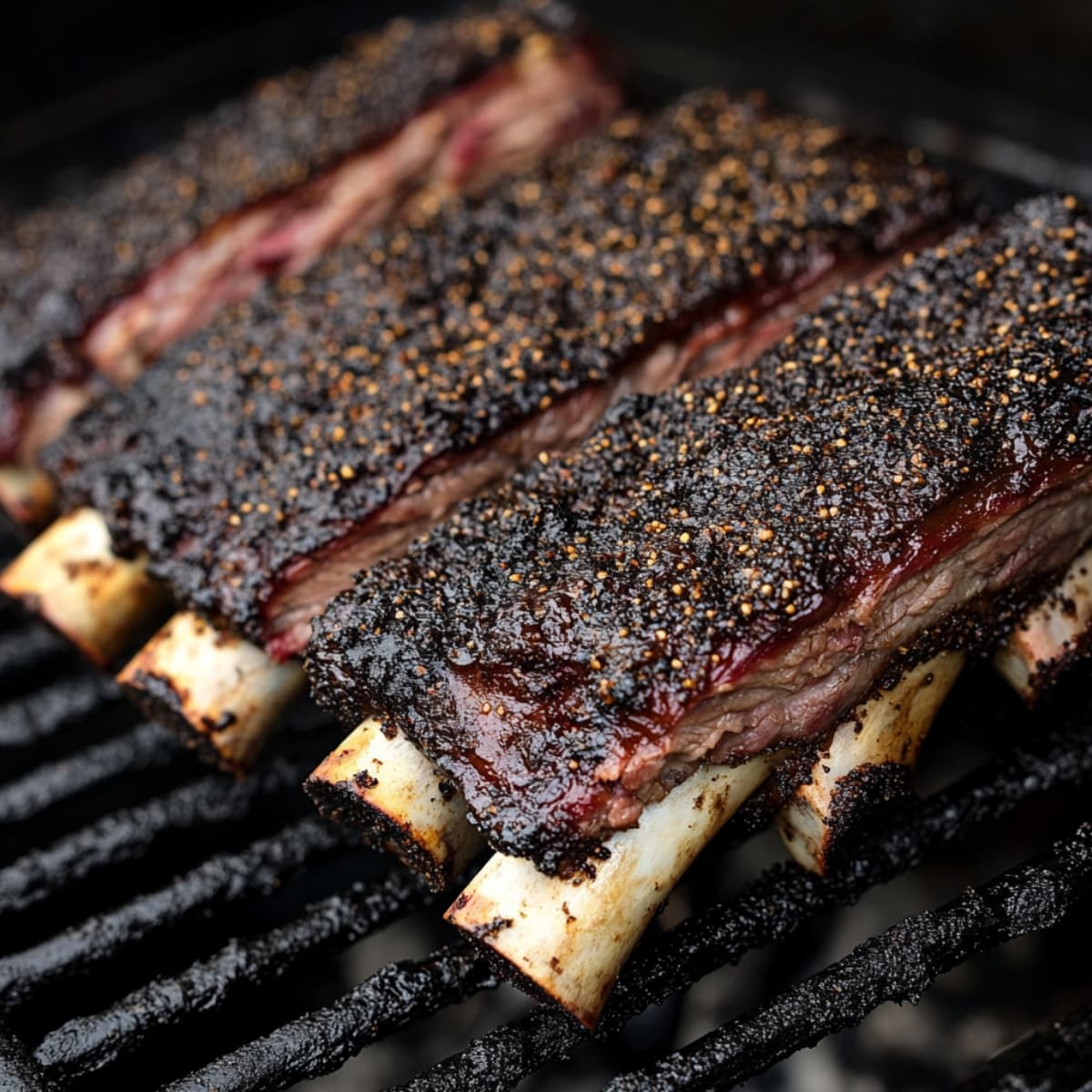 Close-up of grilled beef ribs with dark bark on charcoal grill