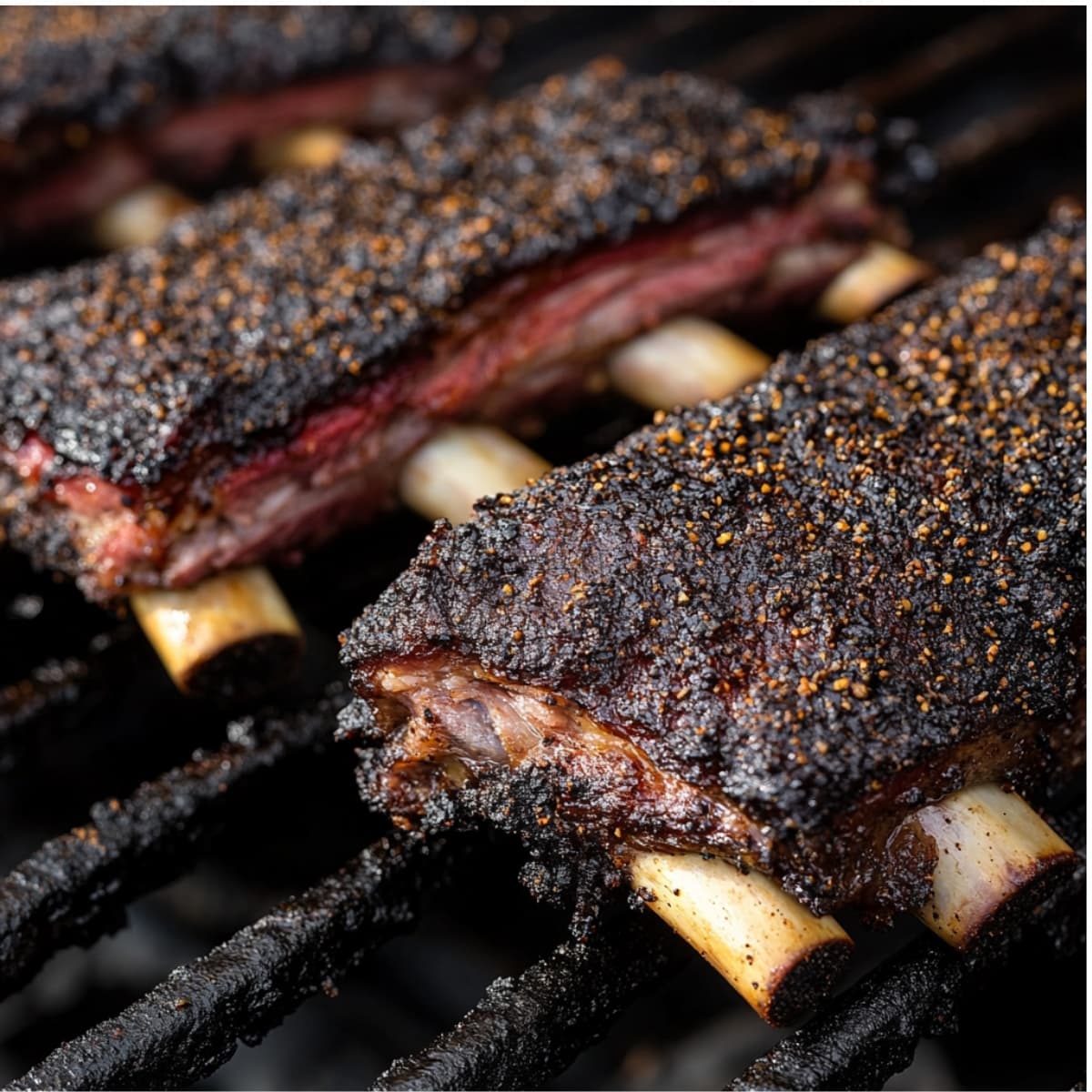 Beef back ribs cooking on grill with dark spice crust and bone tips