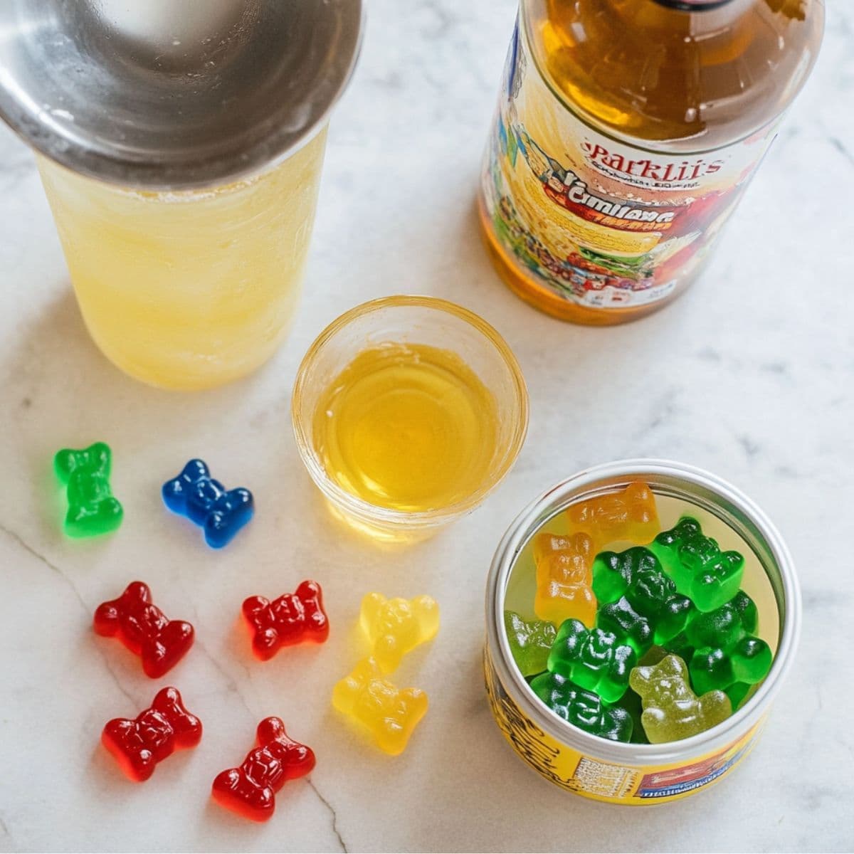 Cocktail shaker with yellow gummy bear shot mix and scattered colorful gummy bears on marble