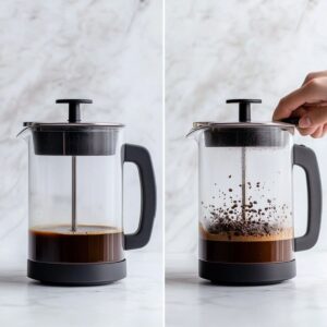 Side-by-side image of Cuban coffee brewing in a French press with steeping and pressing stages shown.