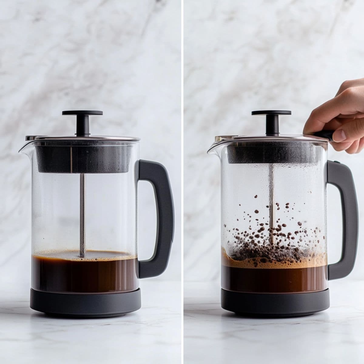 Side-by-side image of Cuban coffee brewing in a French press with steeping and pressing stages shown.