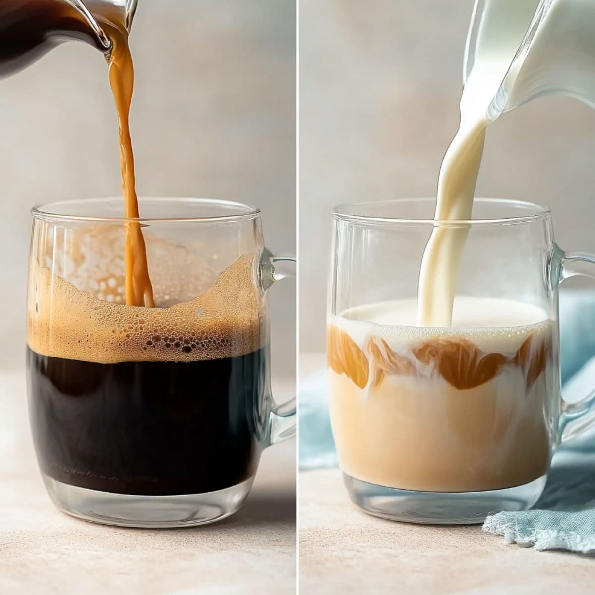 Side-by-side photo of Cuban coffee being poured into a mug and evaporated milk added to create a creamy caramel cortadito.