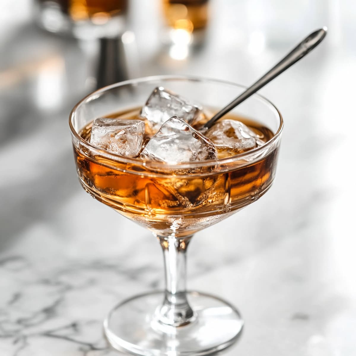 Black Manhattan cocktail being stirred with ice cubes in a coupe glass on marble