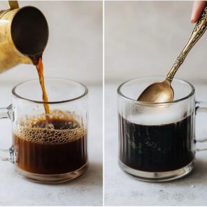 Side-by-side image of Cuban coffee being poured into a glass mug with sugar and then stirred with a golden spoon to create a thick sugar paste.