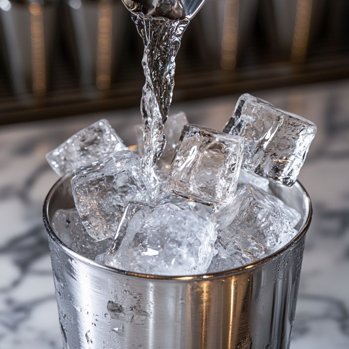 Close-up of ice cubes being poured into a stainless steel cocktail shaker for gin martini preparation.