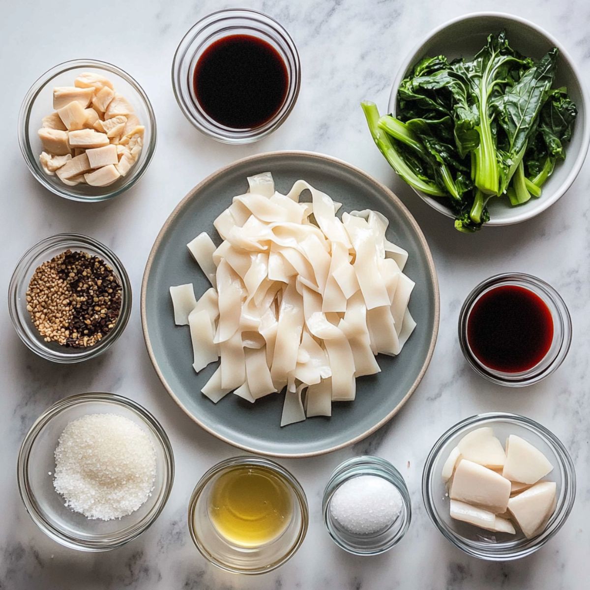 Flat lay of Pad See Ew ingredients including noodles, chicken, Chinese broccoli, sauces, and seasonings.