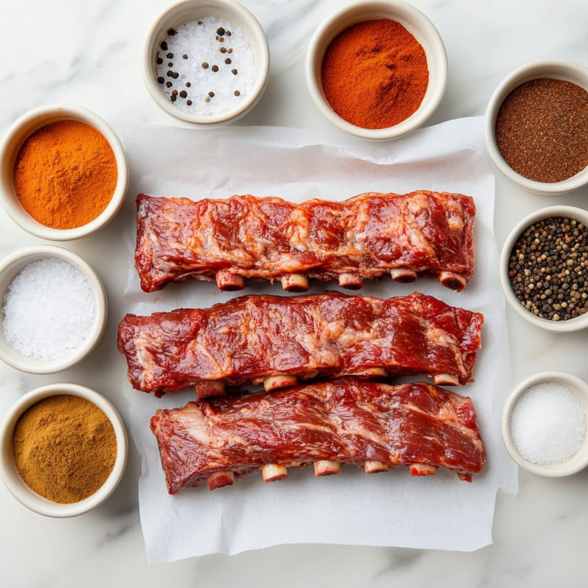 Raw beef back ribs with dry rub spices arranged on marble background