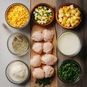 Flatlay of raw chicken, corn, parsley, milk, and seasonings for Bisquick chicken and dumplings.