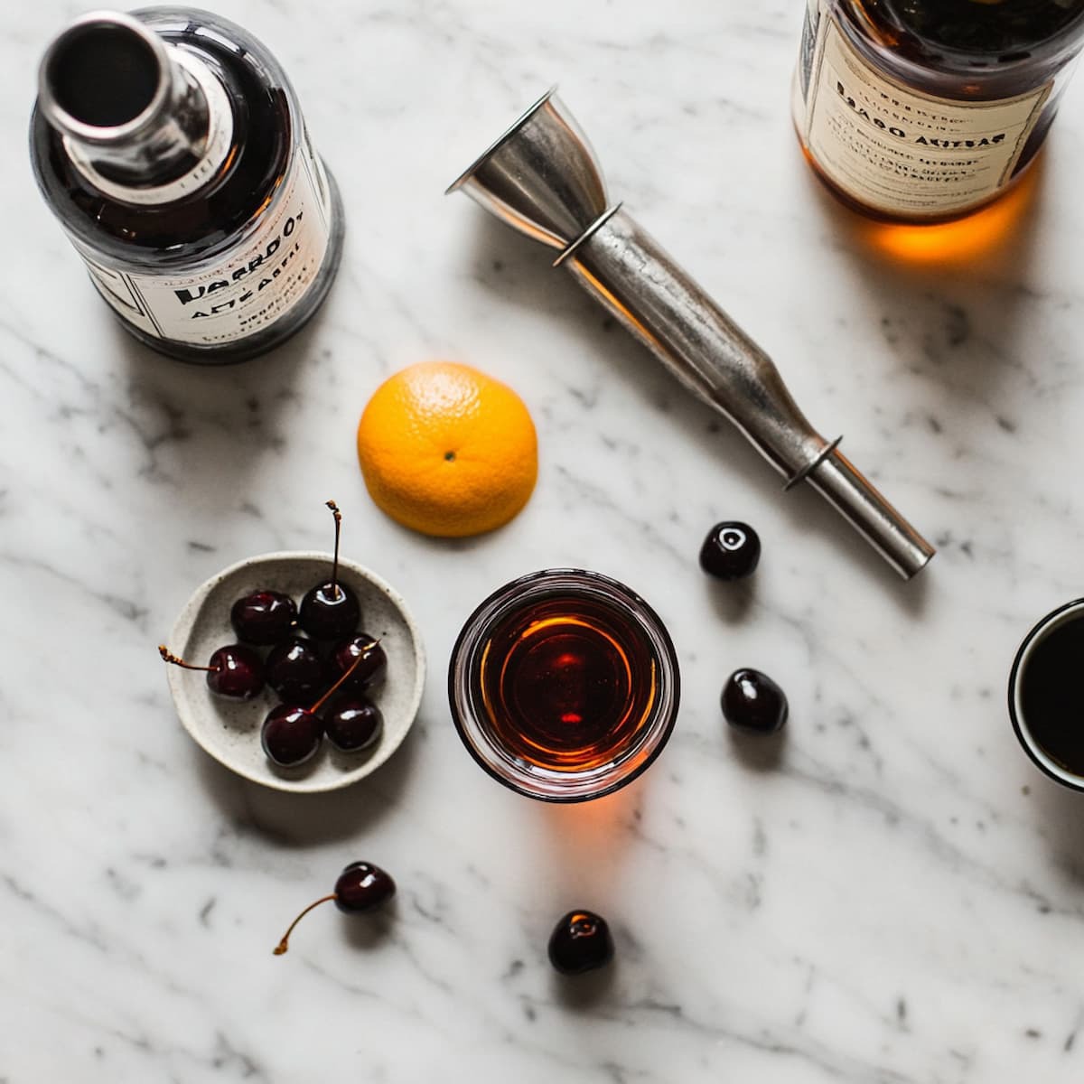 Ingredients for Black Manhattan cocktail including rye whiskey, amaro, cherries, and orange on marble surface