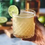 Hand holding a Kentucky Mule cocktail garnished with lime in a textured glass