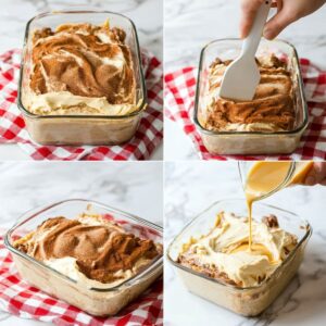 Swirling cinnamon sugar and pouring melted butter into Amish cinnamon bread batter