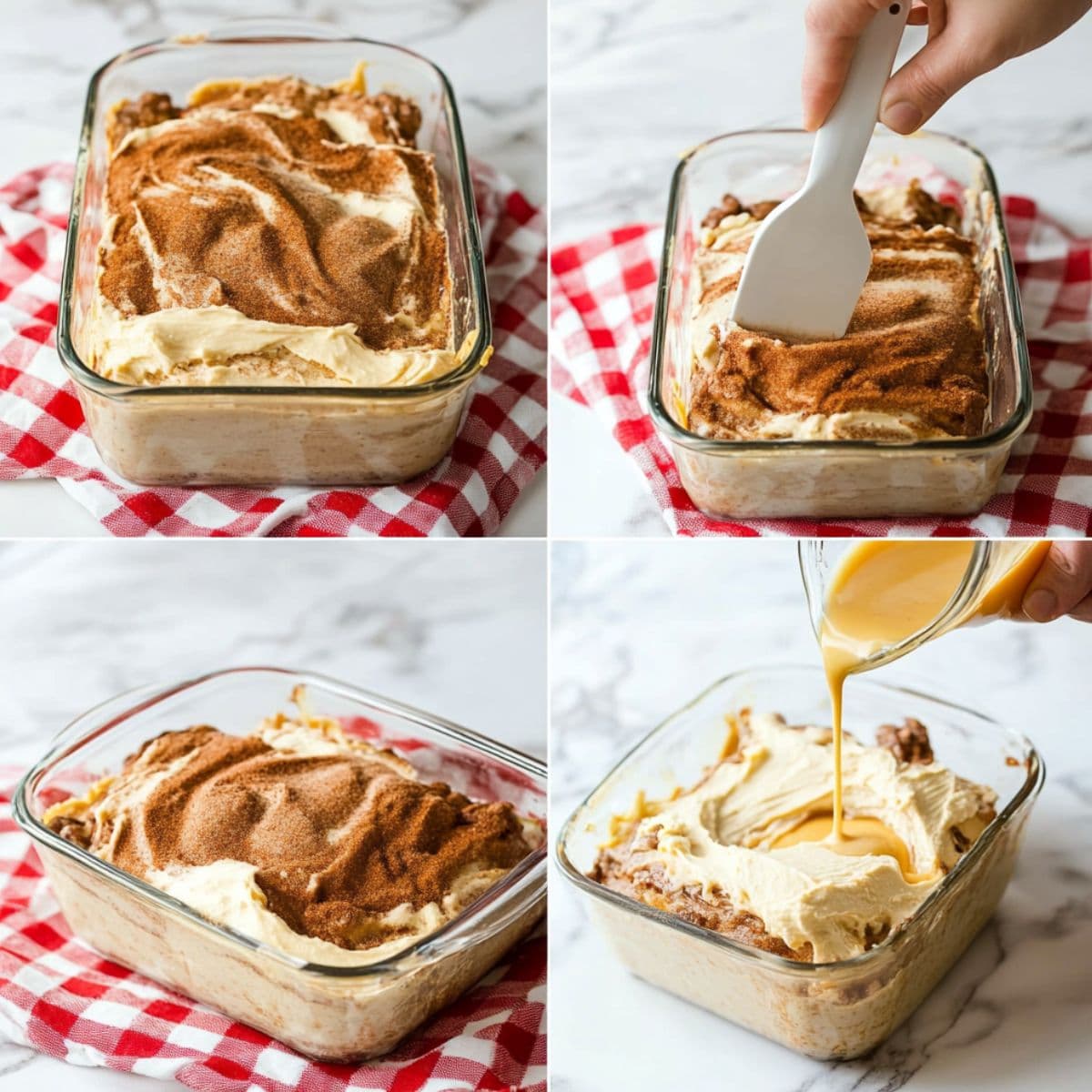 Swirling cinnamon sugar and pouring melted butter into Amish cinnamon bread batter