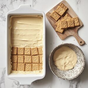 Pudding being layered over graham crackers in a white dish.