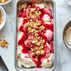 Layered strawberry cheesecake ice cream in a loaf pan with strawberry sauce and graham cracker crumbs.