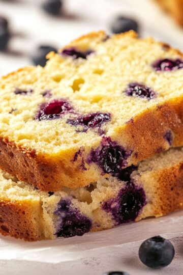 Two slices of lemon blueberry bread stacked on parchment paper with scattered fresh blueberries.