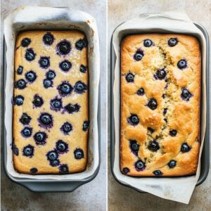 Side-by-side image showing lemon blueberry bread before and after baking in a loaf pan.